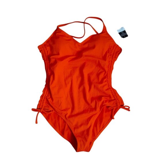 Catalina One Piece Swimsuit Side Ruched Adjustable Rib Knit Red Orange M 8-10 - Picture 2 of 7